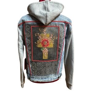 Floral Cross Embellished Hooded Sweatshirt Jean Jacket